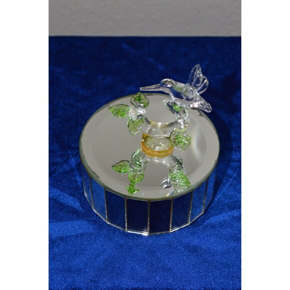 Vintage Clear Glass Hummingbird Mirrored Music Rotating Box Green Leaves READ - Picture 6 of 13